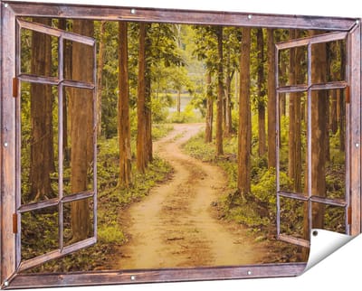 Gards Tuinposter Doorkijk Pad in het Bos met Bomen - 150x100 cm - Tuindoek - Tuindecoratie - Wanddecoratie buiten - Tuinschilderij