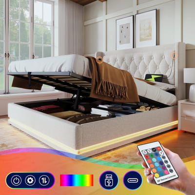 Gestoffeerd tweepersoonsbed met hydraulische opbergruimte en USB-C - 180x200 cm - Beige - 3-zijdige LED-verlichting met 16 kleuren - Katoenen bekleding - Tot 300 kg belastbaar