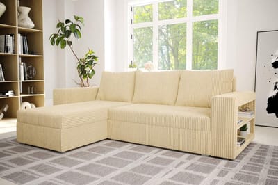 Hoekbank Alexandra met slaapfunctie en opbergruimte- corduroy ribstof beige- hoeksalon met bed en opbergruimte- universele lounge- zetelsenbedden