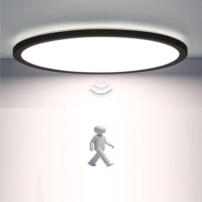Epochglo LED Plafondlamp met Bewegingssensor - 18W, 1800 Lumen, Microgolfsensor (Radar), 3 Lichtmodi, Instelbare Timer (30s/120s/180s) - IP44 Waterdicht, Ultraplat Design (Ø22cm) - Mat Zwart - Voor Hal, Badkamer, Garage en Berging
