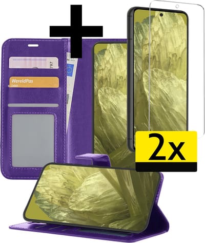 Hoesje - Met 2x Screenprotector - Geschikt voor Google Pixel 8a - Luxe Pasjeshouder - Bookcase Portemonee - Flip Case - Kunstleer Book Case - Flipcase Hoes - Book Cover - Walletcase - Portemonneehoes - Telefoonhoesjes - Paars