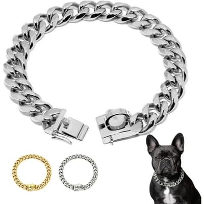 Roestvrij Stalen Huisdierenhalsband Met Zijring Veiligheidsring Gouden Hondenkettingsieraad Decoratieve Hondenhalsband 16inch(40cm) zilver