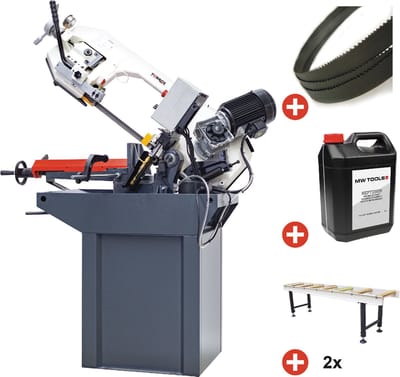 Metaalbandzaag 0-60° zaagcapaciteit rond 225 mm 1,11 kW 400V incl. 2 rollenbanen 2M 5 lintzagen 1 bus koelmelk Torros SC280G PACK 4M