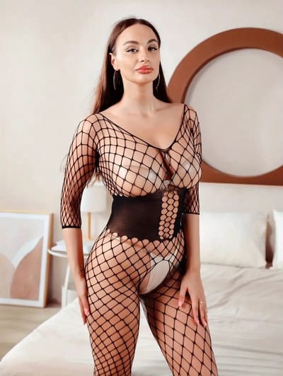 LekkerStout Visnet Bodystocking - Zwart - 3/4 Mouwen - Open Kruis - One Size S-L | LS178