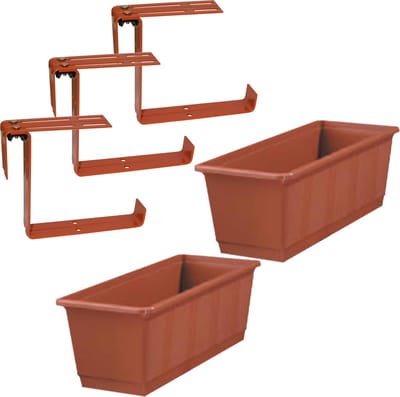 Set van 3 kunststof plantenbakken terracotta rechthoekig 40 cm met 6 verstelbare railing balkonbeugels