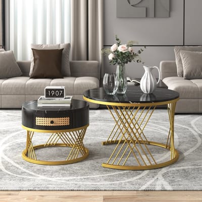 MODFU Ronde Salontafel 2-in-1 MDF met Marmer Tafelblad, Rattan Lades & Houten Handgrepen, Gouden IJzeren Poten, 70x70x45,5cm + 50x50x38,5cm