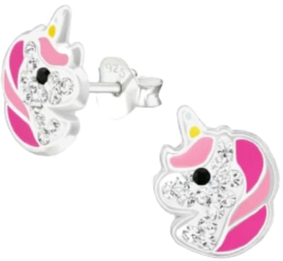 Joy|S - Zilveren eenhoorn oorbellen - 9 mm - unicorn wit roze kristal