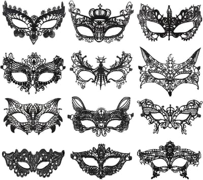 Elegant Venetiaanse Maskers Set van 12 voor Feestjes, Cosplay, Carnaval en Halloween met Zwarte Kanten Afwerking