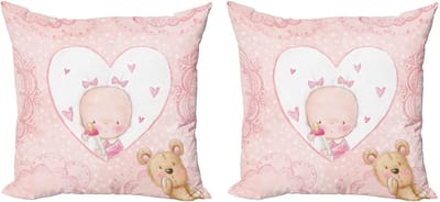 ABAKUHAUS Decoratieve kussenhoezen voor kinder set van 2, meisje baby teddybeer, 40x40 cm, lichtroze en zandbruin