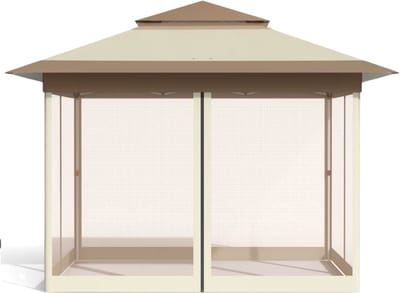 Tuinhuisje voor Buiten - Met 4 Afneembare Klamboes, UV- en Regendicht - Pop-up Patio Tuinhuisje met Dubbele Dakrand - Opvouwbaar - 3,3 x 3,3 m - Khaki