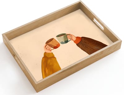 Dienblad hout 40x30 cm - Schootdienblad - Illustratie - Mokken - Proosten - Bruin - Borrelplank rechthoek - Plateau dienbladen