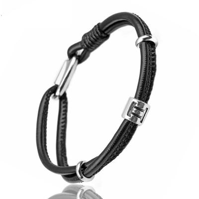 Tweeling / Gemini - Leren Armband met Sterrenbeeld Hanger - Zwart Leer - Staal - Astrologie - Armbanden - Papa Cadeau Voor Mannen - Vaderdag