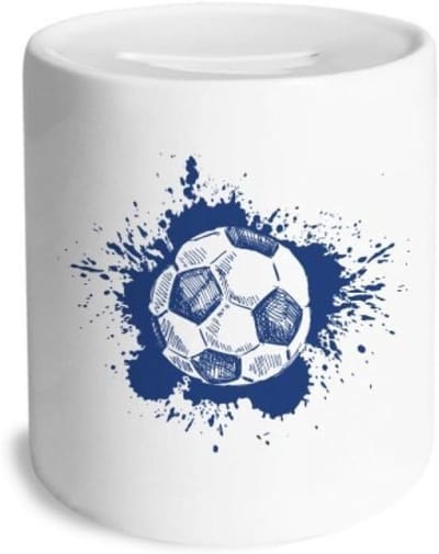 Voetbal Spaarpot - Muntkoffer Keramiek - Geld Besparen - Verwijderbare Bodemstop - 9 cm Hoog - Blauw Multi