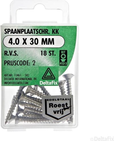 Spaanplaat, houtschroeven, Platkop Pozidriv RVS, 4.0x30mm. 18 stuks. deltafix.
