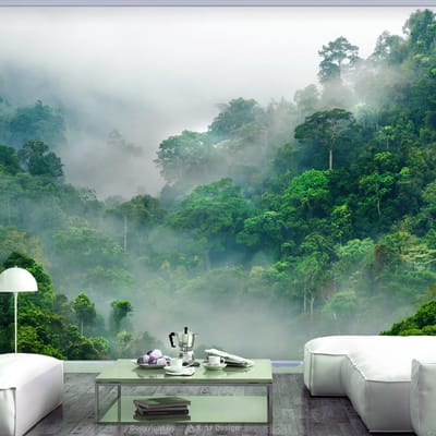 98cm X 70cm - Zelfklevend fotobehang -  Ochtend mist in bos  , Premium Print