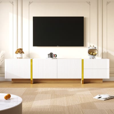 Wishdor Tv-Meubel - 3 Deuren En 2 Lades - Softclose Scharnieren - MDF En Spaanplaat - Wit En Goud Met Houtnerf - 190 X 35 X 45 Cm