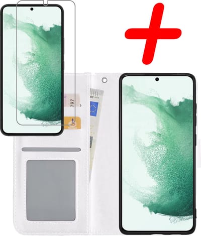 Hoesje Met Screenprotector - Geschikt voor Samsung Galaxy S22 Plus - Luxe Pasjeshouder - Bookcase Portemonee - Flip Case - Kunstleer Book Case - Flipcase - Book Cover - Walletcase - Portemonneehoes - Wit