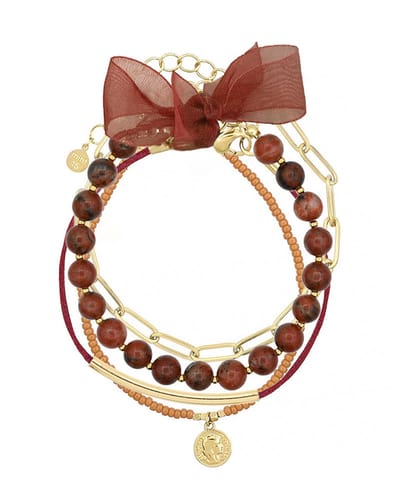 Mint15 Armbandenset 'Caramel & Red' - Handgemaakte armbanden bruin / rood / terra / goudkleur - Stainless Steel RVS/Roestvrij staal - Samengestelde cadeauset met 4 armbanden