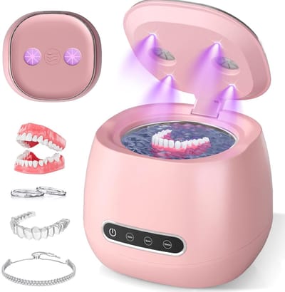 Ultrasoon reiniger - Ultrasone Kunstgebit Reiniger - Oplaadbare beugelreiniger - 45 kHz - draagbare reinigingsunit - Voor gebitsprotheses - Nachtbeugels - Aligners - Tandenborstels en sieraden - 3 reinigingsstanden - 200 ml inhoud - Roze