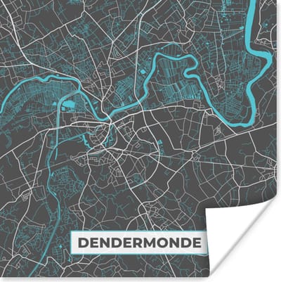 Poster België – Dendermonde – Stadskaart – Kaart – Blauw – Plattegrond - 100x100 cm XXL