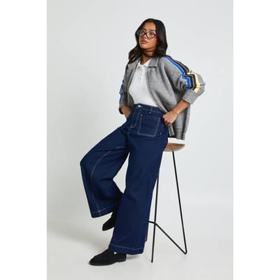boohoo Dames Petite Hoge Taille Voorzak Wijde Pijpen Jeans | Indigo | Maat: 14