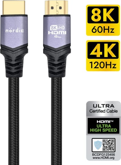 NÖRDIC HDMI-N1023A Ultra high speed HDMI Kabel - HDMI 2.1 - 8K 60Hz, 4K 120Hz - 48Gbps - Dynamische HDR, eARC, VRR - Gevlochten nylondraad - 2m - Spacegrijs