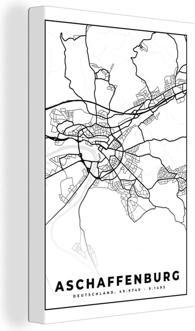 Canvas Schilderij Afschaffenburg - Stadskaart - Plattegrond - Kaart - 20x30 cm - Wanddecoratie