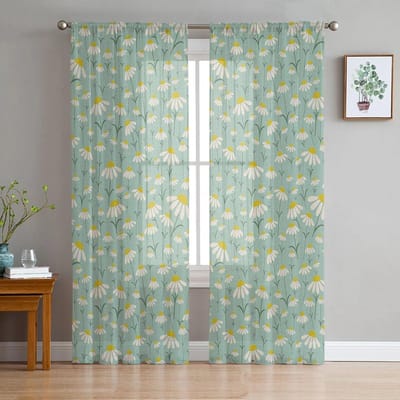 Lente Chrysant Aquarel Bloem Slaapkamer Transparante Dunne Gordijnen Vakantie Decoratie Raam Voile Tule Gordijn 135W x 114H(cm) gray