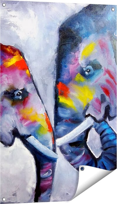 Gards Tuinposter Twee Getekende Olifanten - Abstract - 60x90 cm - Tuindoek - Tuindecoratie - Wanddecoratie buiten - Tuinschilderij