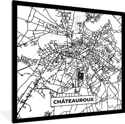 Fotolijst incl. Poster Zwart Wit- Kaart – Plattegrond – Châteauroux - Frankrijk – Stadskaart - Zwart wit - 40x40 cm - Posterlijst