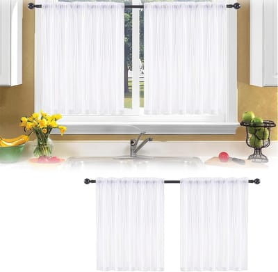 Set van 2 Witte Gordijnen 76 x 60 cm voor Keuken, Korte Bistro Gordijnen met Touw, Semi-Transparant en Privacy Scherm van Polyester