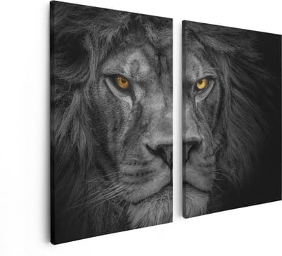 Artaza Canvas Schilderij Tweeluik Leeuw - Leeuwenkop - Zwart Wit - 80x60 cm - Wanddecoratie Woonkamer - Schilderijen - Muurdecoratie
