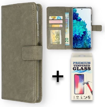 Casemania Hoesje Geschikt voor Samsung Galaxy A04S & M13 Grijs & Glazen Screenprotector - Portemonnee Book Case - Kaarthouder & Magneetlipje