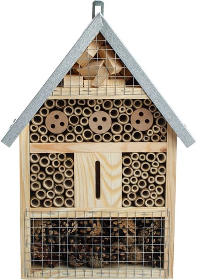 BOGATECO Groot Insectenhotel met Metalen Dak - L Bijenhotel van Massief Hout - Nestkast voor Wilde Bijen & Lieveheersbeestjes - Diverse Maten