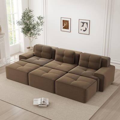 REDOM Modulaire 3-zits L-vormige hoekbank van cordstof met slaapfunctie – Diepe zitting 74 cm – Loungebank & slaapbank voor woonkamer – Minimalistisch design – Bruin – 293x177x69 cm