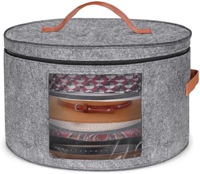 PromoHome Grijze Ronde Hoeden Opbergdoos - Grote Inklapbare Hoeden Organizer met Rits, Transparant Venster, Leren Handvatten - Stof- en Vochtvrij Vilt Drager - 43 x 26 cm - Multifunctionele Opslagbox
