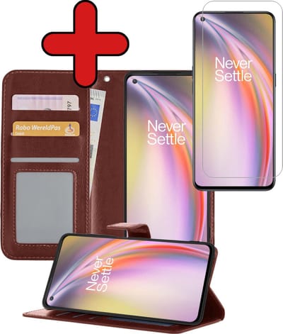 Hoesje - Met Screenprotector - Geschikt voor OnePlus Nord CE - Luxe Pasjeshouder - Flipcase - Bookcase Portemonee - Flip Case - Kunstleer Book Case - Book Cover - Walletcase - Portemonneehoes - Telefoonhoes - Bruin
