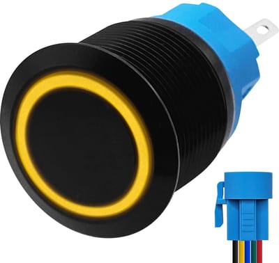 ProRide Metalen Drukschakelaar 12V ON-OFF - 22mm - Aan/uit schakelaar met Aansluitkabel - Spatwaterdicht - 12V/24V - LED Indicatie Geel