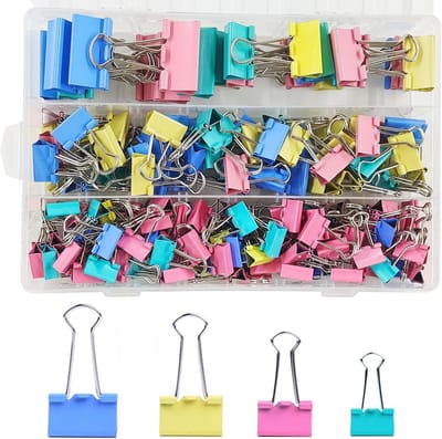 SnelShoppen - 170 Stuks Vouwklemmen Set - 15mm/19mm/25mm/32mm Kantoorclips - Kleurrijke Multi-Functionele Document Klemmen - Metaal Paperclips voor Sc