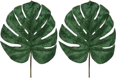 2x Groene fluwelen Monstera/gatenplant kunsttak kunstplanten 80 cm - Kunstplanten/kunsttakken bladgroen - Kunstbloemen boeketten