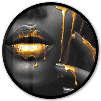 Poster in lijst Rond - Fotolijst 40x40 cm - Posters - Lippen - Vrouw - Goud - Verf - Ronde posterlijst zwart - Decoratie - Wanddecoratie woonkamer - Muurdecoratie slaapkamer