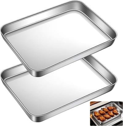 Roestvrijstalen bakplaten set van 2, rechthoekig 23 x 17 x 2,5 cm, hoogglans gepolijst, anti-aanbaklaag, vaatwasmachinebestendig en gemakkelijk schoon te maken