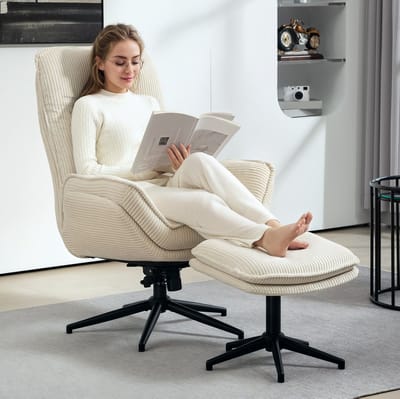 STILVORA Relaxfauteuil 85 x 74 x 104 cm - 360 Graden Draaibaar Met Verstelbare Rugleuning En Hocker - Voor Woonkamer En Slaapkamer - Stof Beige