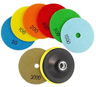 SHDIATOOL Diamantpolijstpad, 7 stuks, gemengde korrel en M14 kunststof bakker voor droog polijsten, marmer, graniet, steen, keramiek, diameter 100 mm
