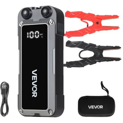 VEVOR Jump Starter Powerbank, startbooster met een piekvermogen van 4000A, inclusief LED-zaklamp en kabel, geschikt voor motoren tot 10 liter benzine/8 liter diesel. Draagbare booster met snelladen en veiligheidsbescherming voor noodgevallen.