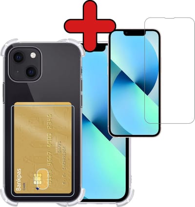 Hoesje - Geschikt voor Apple iPhone 13 Mini - Met Screenprotector - Pashouder - Kaarthouder - Back Cover - Telefoon Hoes Shockproof - Siliconen Case - Shock Proof - Pasjes Houder - Telefoonhoes - Transparant