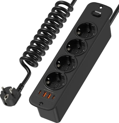Inbouw Stopcontact Blok met USB C PD 20W en Schakelaar - Intrekbaar, 4-Wegs met Spiraalkabel voor Werkblad & Meubels