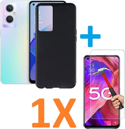 Soft TPU Zwart hoesje Silicone Case +1 stuk Glas Screenprotector Geschikt voor: Oppo A96