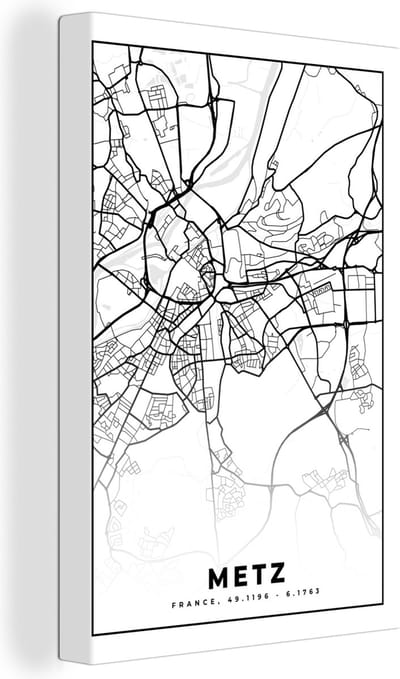 Canvas Schilderij Frankrijk - Kaart - Metz - Plattegrond - Stadskaart - Zwart wit - 20x30 cm - Wanddecoratie