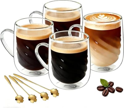 Dubbelwandige Koffie Glazen 350 ml met Spiral Design en Handvat, Ideaal voor Latte Macchiato, Cappuccino en Thee, Geschikt voor Heet en Koud Drankjes